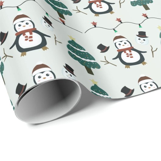 Groene Pinguïns en Kerstbomen Kerstmis Cadeaupapier (Rol Hoek)