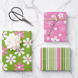 GROENE PINK WHITE DAISY FLOWERS & STRIPES INPAKPAPIER VEL