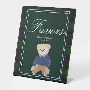 Groene plaid teddybeer baby shower gunsttafel reclamebord met voetstuk