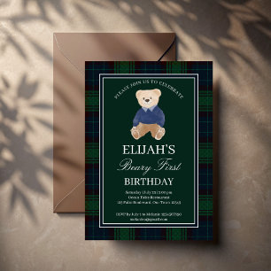 Groene plaid teddybeer verjaardagsfeestje kaart