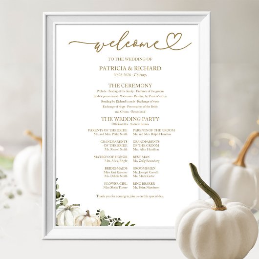 Groene Pompoen Herfst Bruiloft Programma Bord Poster