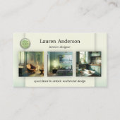 Groene Portfolio Logo QR Code Interieur Designer Visitekaartje (Voorkant)