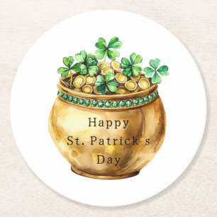 Groene pot met gouden klavertjes St. Patrick's Day Ronde Kartonnen Onderzetter