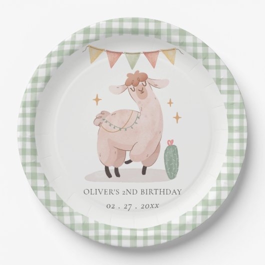Groene Pset Cactus Boho Llama Alle leeftijden Papieren Bordje (Voorkant)