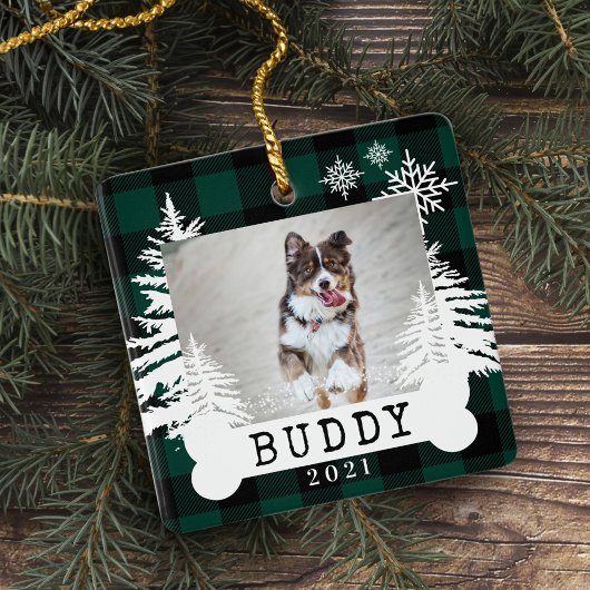 Groene Pset Rustic Pine Trees Dog Bone Pet Foto Keramisch Ornament