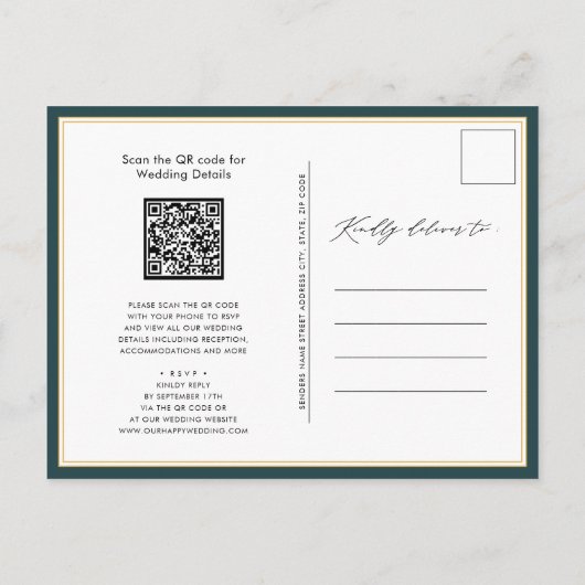 Groene QR-code in één modern Script Weddenschap Uitnodiging Briefkaart (Achterkant)
