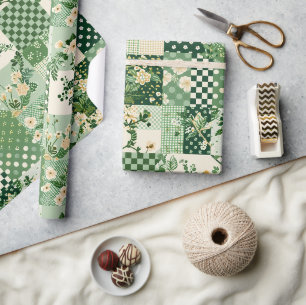 Groene Quilt Patchwork Antieke Plaid Geometrisch Cadeaupapier