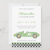 Groene race auto verjaardagsuitnodiging aankondiging (Voorkant)