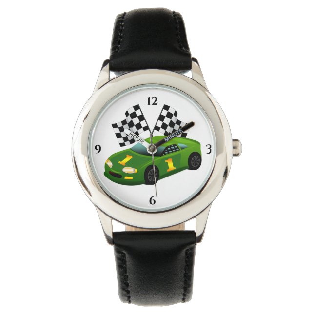 Groene raceauto geruite winnaarsvlag  horloge (Voorkant)