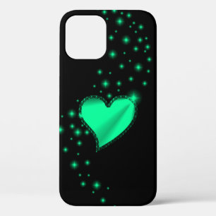 Groene regenbooghartslag met sterren op zwart iPhone 12 hoesje