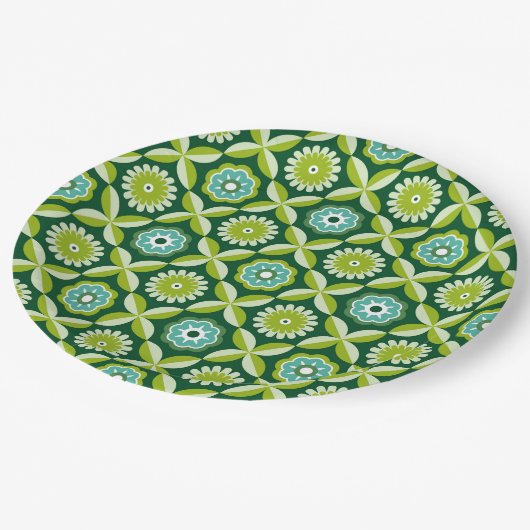 Groene retro bloemen papieren bordje (Gekanteld)