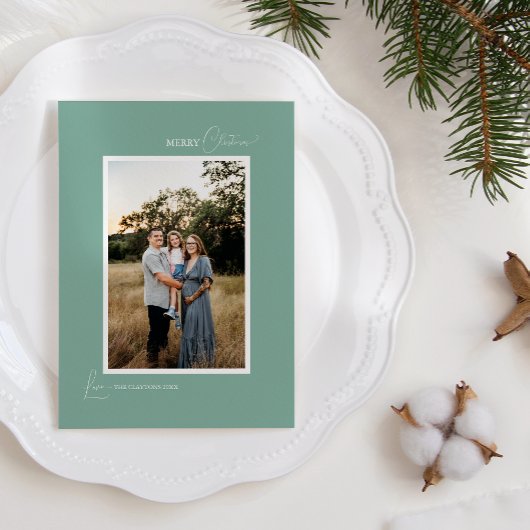 Groene Retro Boho minimalistische brief en foto Feestdagenkaart