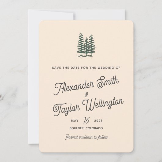 Groene Retro Bomen QR Code Berg Bruiloft Save The Date (Voorkant)