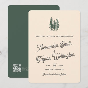 Groene Retro Bomen QR Code Berg Bruiloft Save The Date