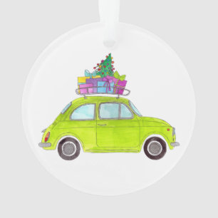 Groene Retro Fiat 500 met cadeautjes Waterverf Ornament