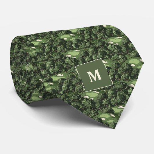 Groene Retro Golfbaan Monogrammed Stropdas (Opgerold)