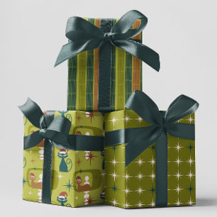 Groene Retro Mid Century Moderne Kattenkerst Inpakpapier Vel