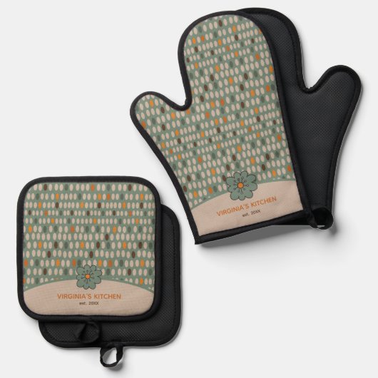 Groene Retro Ovalen Patroon Gepersonaliseerd Ovenwant & Pannenlap Set (Voorkant / Achterkant)