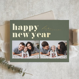 Groene Retro Typografie Gelukkig Nieuwjaar 2 Foto Folie Feestdagenkaart