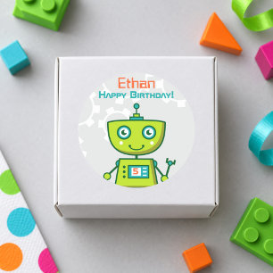 Groene Robot Jongens Gelukkige Verjaardag Ronde Sticker
