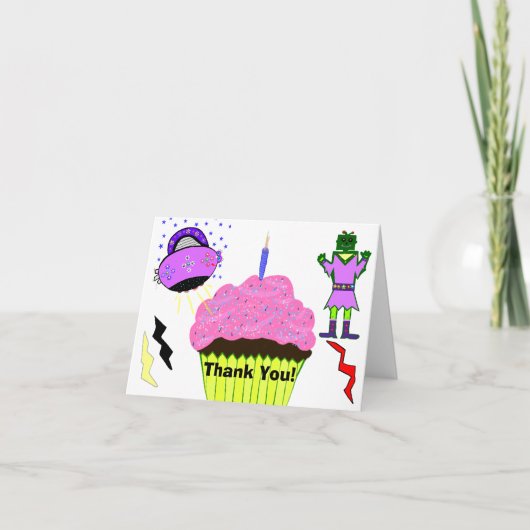 Groene Robot Meisje Roze Ruimteschip Cupcake Bedan Bedankkaart (Voorkant)