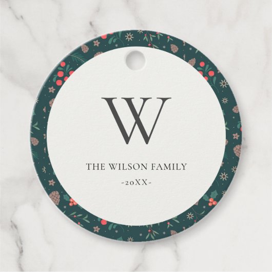 Groene rode bessen Kerstmis Bloemen Patroon Monogr Bedankjes Labels (Voorkant)