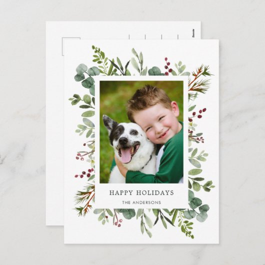 Groene rode bessen vakantie foto kerstkaart feestdagenkaart (Voorkant / Achterkant)