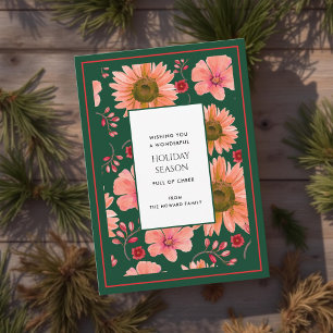 Groene Rode Bloemen Waterverf Vakantie Kaart