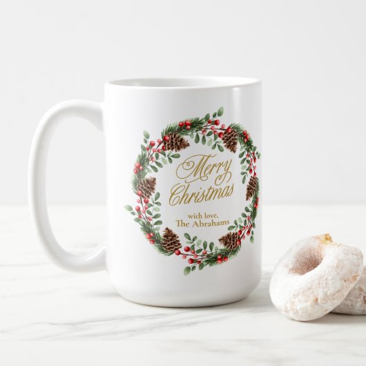 Groene rode dennen kegels gouden script kerst kran koffiemok (Met donut)