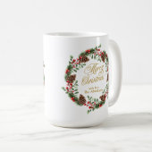 Groene rode dennen kegels gouden script kerst kran koffiemok (Voorkant rechts)