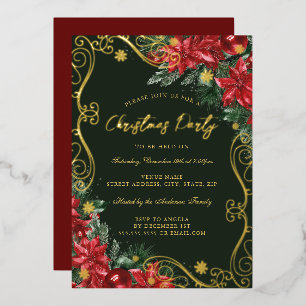 Groene Rode Feestelijke Bloem Werveltje Kerstfeest Folie Uitnodiging