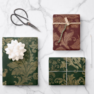 Groene, Rode & Gouden Nep Bloem Fluwelen Kerstmis Inpakpapier Vel