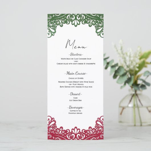 Groene & Rode kant Elegante Fiesta Witte bruiloft Menu (Staand voorkant)