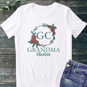 Groene & Rode Roos Bloemige Monogram Naam Oma Tri-Blend Shirt