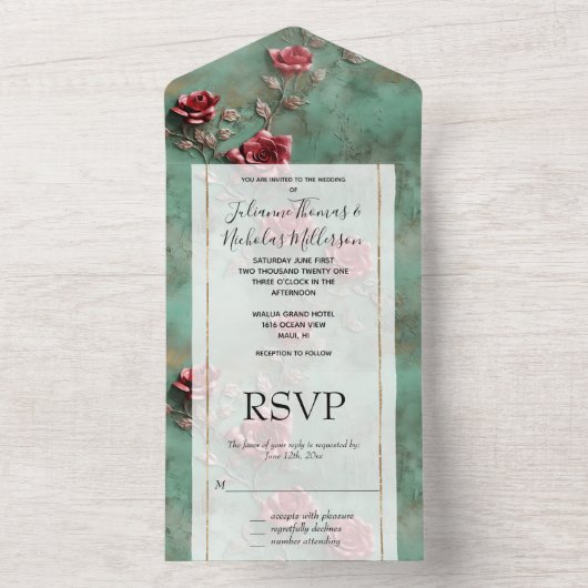 Groene Rode Rozen Bloemen All In One Uitnodiging (Binnen)