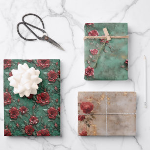 Groene Rode Rozen Bloemen Inpakpapier Vel