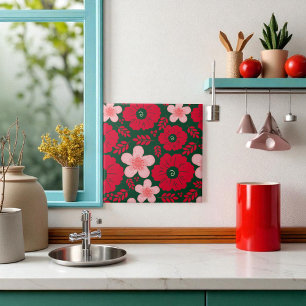 Groene Rode Waterverf Bloemen Tegeltje