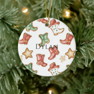 Groene Rode Western Cowboylaarzen Kerstmis Keramisch Ornament