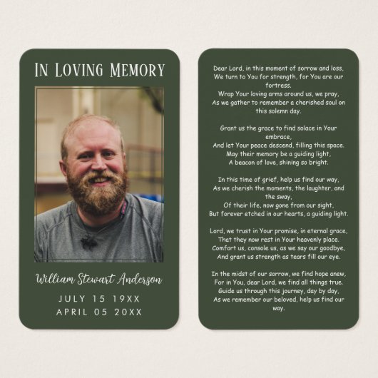 Groene rouwkaart met foto en herdenking en gebed visitekaartje (Voorkant /achterkant)
