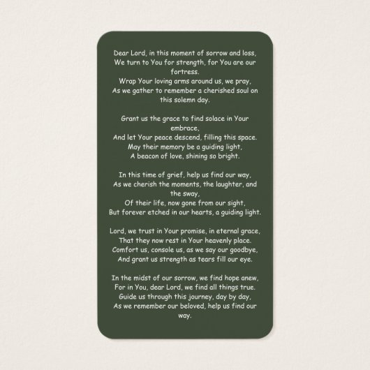 Groene rouwkaart met foto en herdenking en gebed visitekaartje (Achterkant)