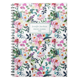 Groene roze blauwe Waterverf Floral Name Prayer Notitieboek