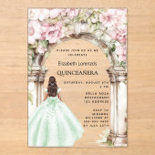 Groene roze bloemen boog jurk Quinceanera Acryl Uitnodigingen (Voorkant)