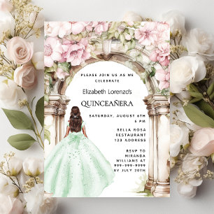 Groene roze bloemenboog jurk Quinceanera Kaart