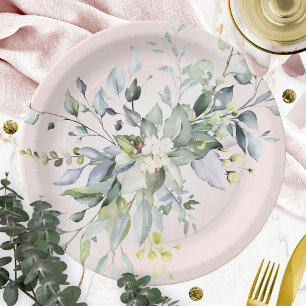 Groene Roze Blush Waterverf Bruiloft Papieren Bordje