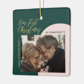 Groene, roze en gouden, moderne eerste kerstfoto keramisch ornament (Links)