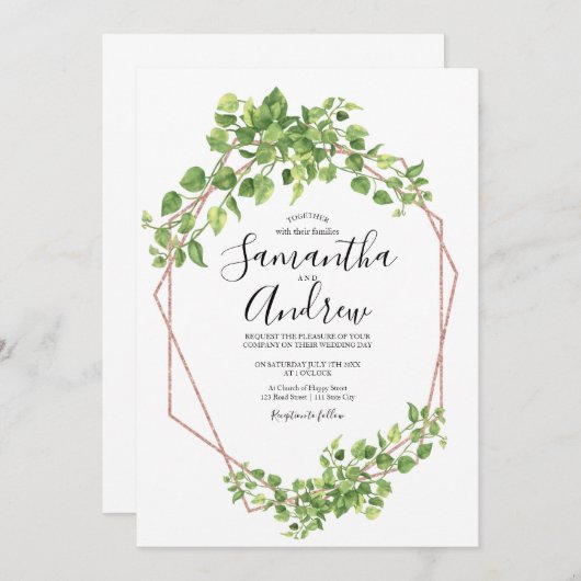 Groene Roze Goud Elegante Waterverf Boho Blad Kaart (Voorkant / Achterkant)