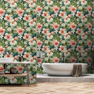Groene & Roze Hibiscus Tropisch Woud Behang