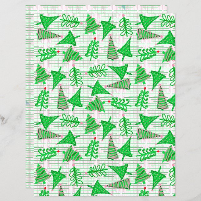 Groene Roze Kerstbomen Scrapbook Paper (Voorkant / Achterkant)