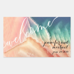 Groene Roze Oceaan Strand Aquarel Zomer Zon Rechthoekige Sticker
