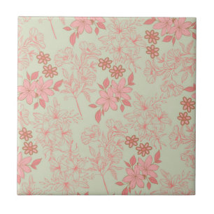 Groene Roze Retro Y2K 70er Bloem Patroon Tegeltje